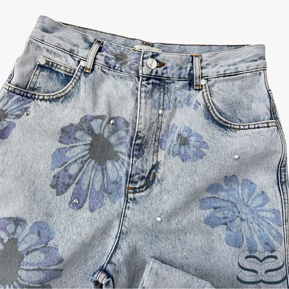 Sandro **NWT** Blossom Floral Print Rhinestone Straight Jeans in Blue Je… - Picture 14 of 15